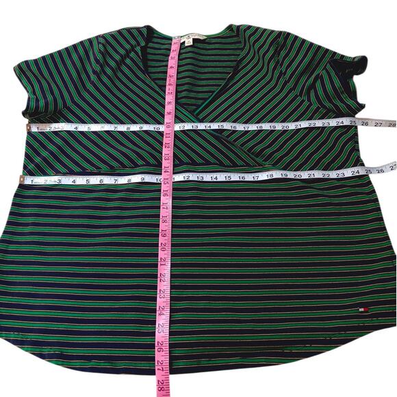 Y2K VINTAGE TOMMY HILFIGER Top Blouse Plus 3X VNeck Green Blue Flowy Casual Work - Picture 3 of 9